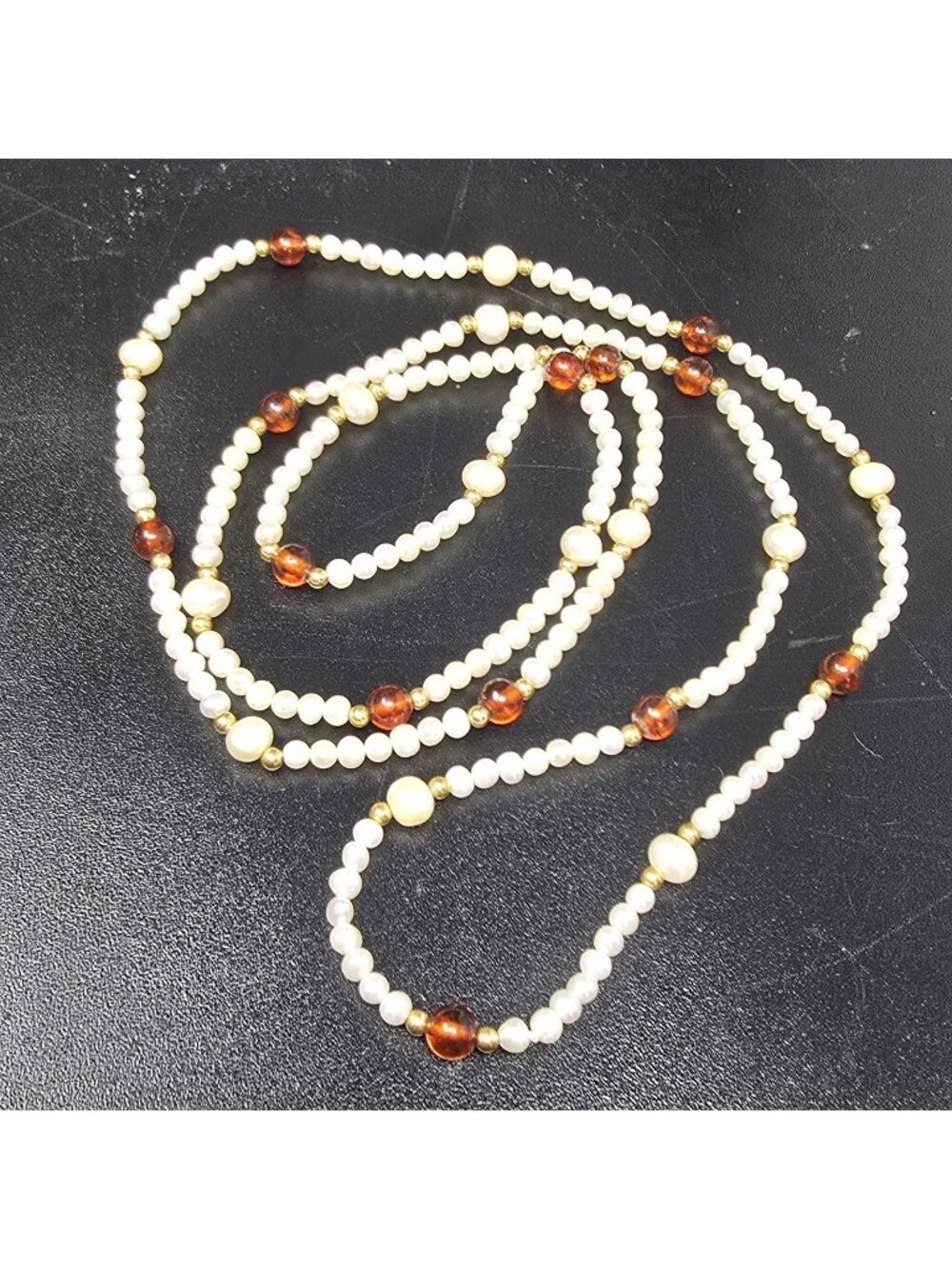Red Agate Freshwater Pearl & 14k Gold (Tested) Beaded Necklace 38" Long